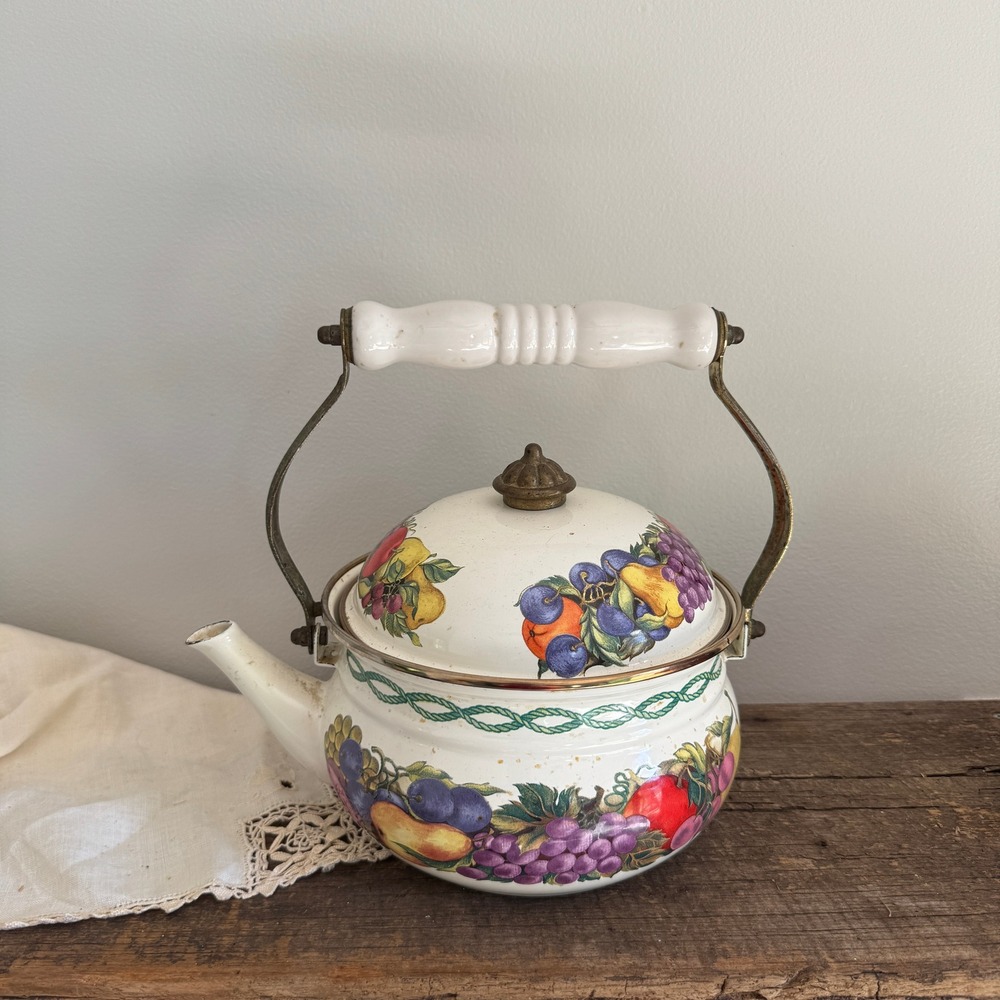 Vintage Cornucopia Fruit Enamel Tea Kettle Brass Handle Cottagecore White Teapot